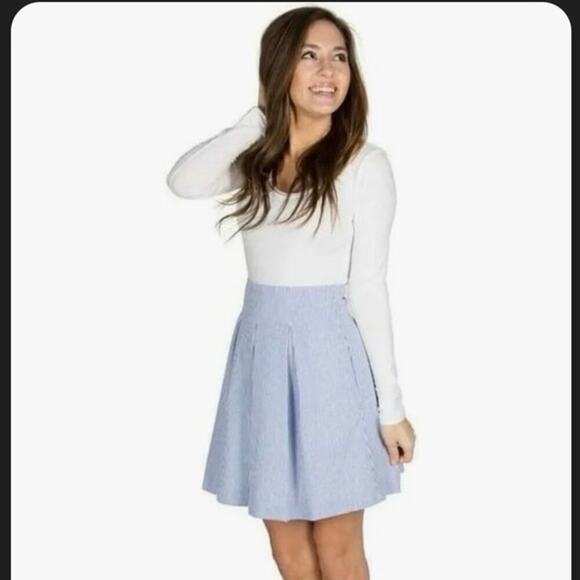 Lauren James Pleated Seersucker Skirt Size Large Mini USA Pockets Preppy NEW - Picture 1 of 10